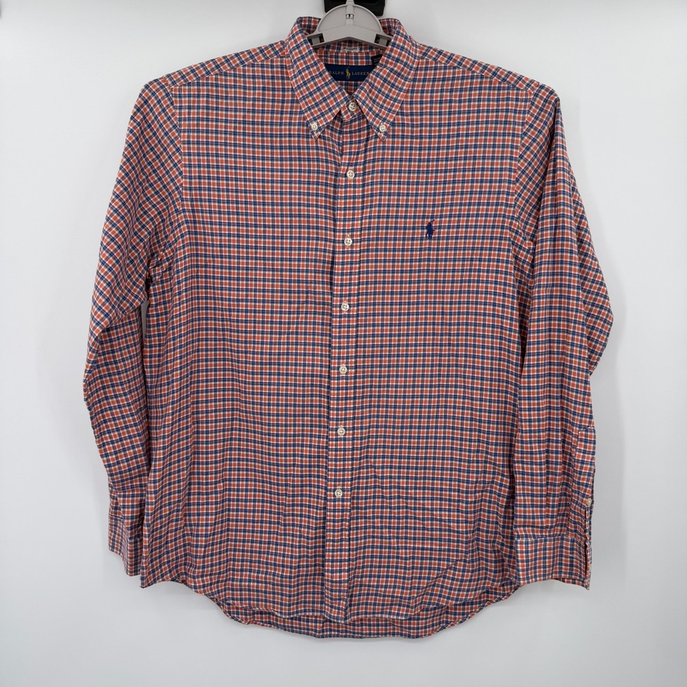 Ralph Lauren Mens Large Plaid Button Down Shirt Orange Blue Cotton Long Sleeve